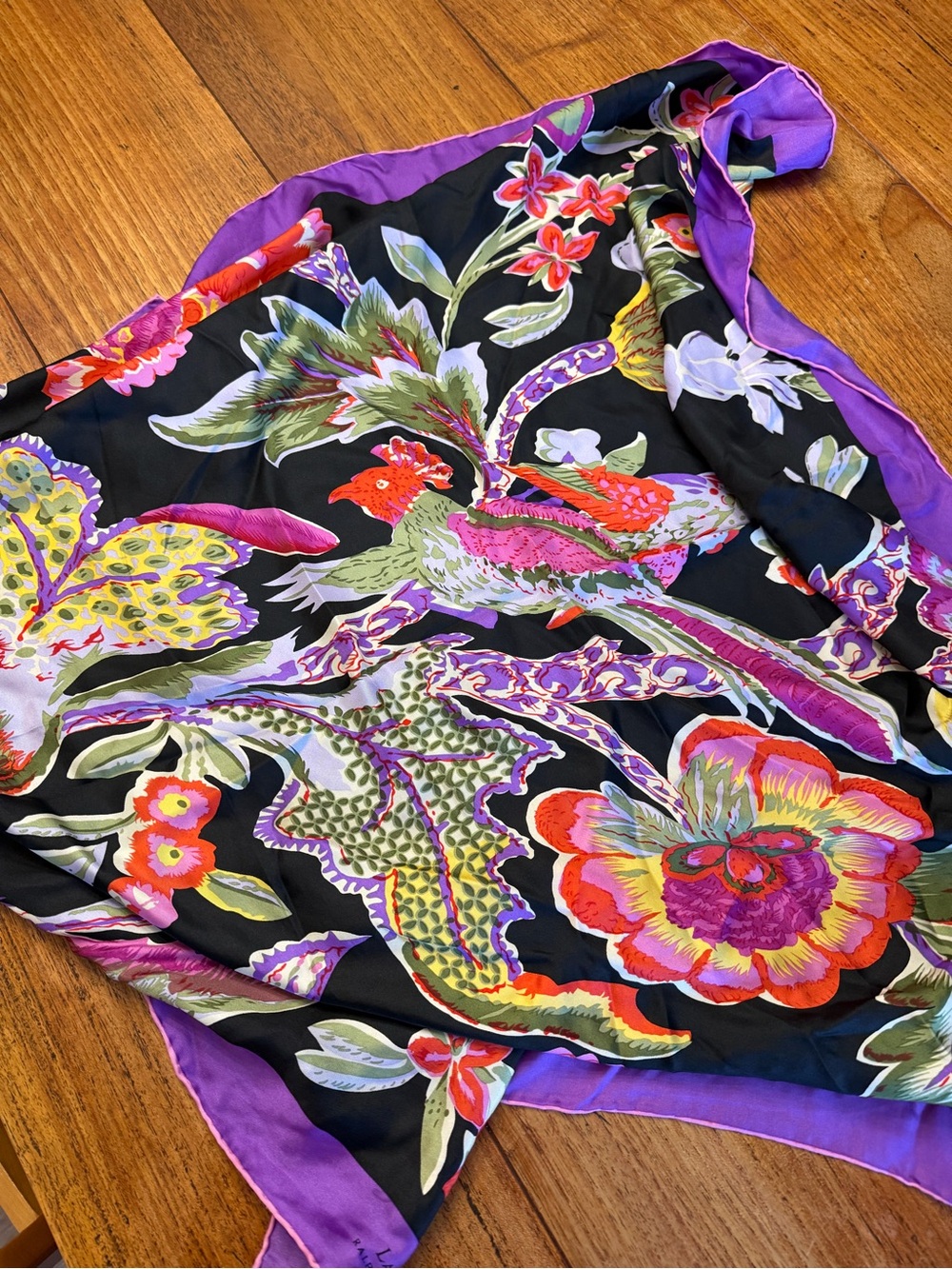 Vintage Ralph Lauren Black Tropical Birds Silk Scarf with Purple Border 90's - Picture 8 of 8